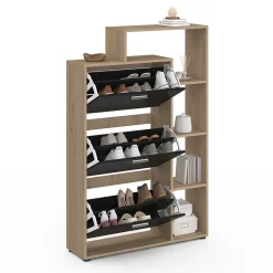 Meuble à chaussures 18 paires KLARK imitation hêtre 3 portes noires avec étagère