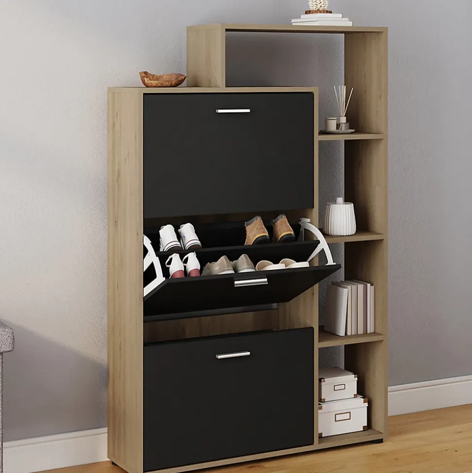 Meuble à chaussures 18 paires KLARK imitation hêtre 3 portes noires avec étagère