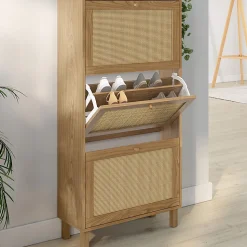 Meuble à chaussures 18 paires HANAE 3 portes effet naturel cannage