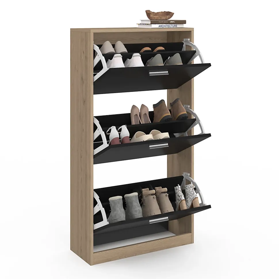 Meuble à chaussures 18 paires KLARK imitation hêtre 3 portes noires