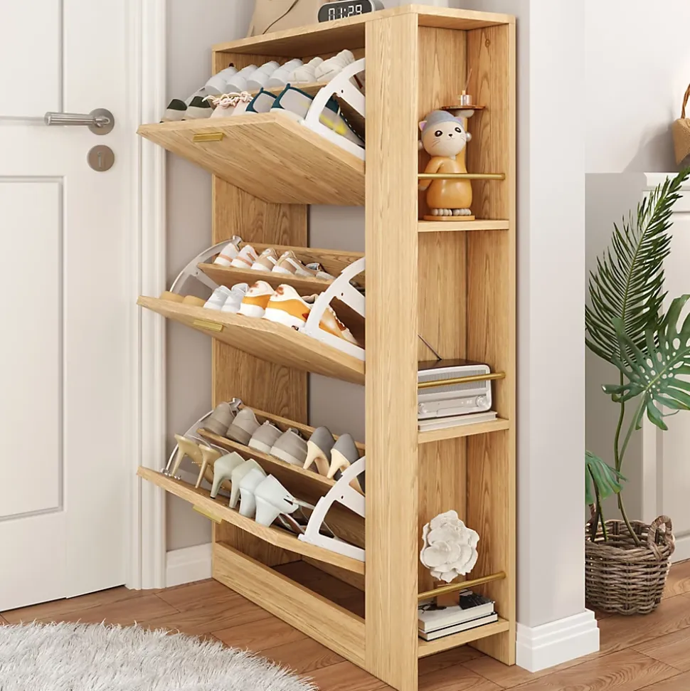 Meuble à Chaussures 3 Portes avec Niche Ouverte, Meuble d'Entrée Design Moderne en MDF - 70x23,5x115 cm - Bois Naturel