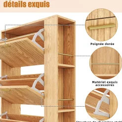 Meuble à Chaussures 3 Portes avec Niche Ouverte, Meuble d'Entrée Design Moderne en MDF - 70x23,5x115 cm - Bois Naturel