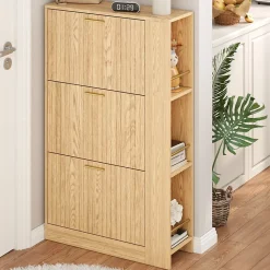 Meuble à Chaussures 3 Portes avec Niche Ouverte, Meuble d'Entrée Design Moderne en MDF - 70x23,5x115 cm - Bois Naturel