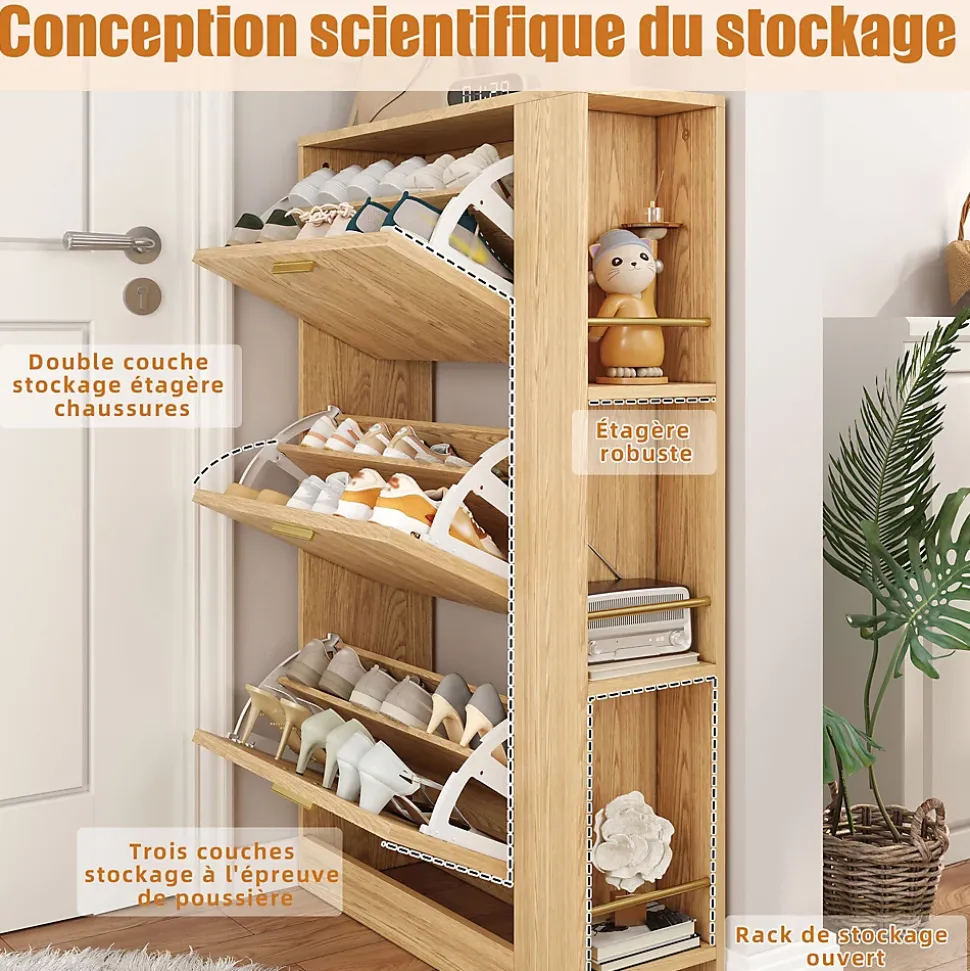 Meuble à Chaussures 3 Portes avec Niche Ouverte, Meuble d'Entrée Design Moderne en MDF - 70x23,5x115 cm - Bois Naturel