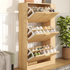 Meuble à Chaussures 3 Portes avec Niche Ouverte, Meuble d'Entrée Design Moderne en MDF - 70x23,5x115 cm - Bois Naturel