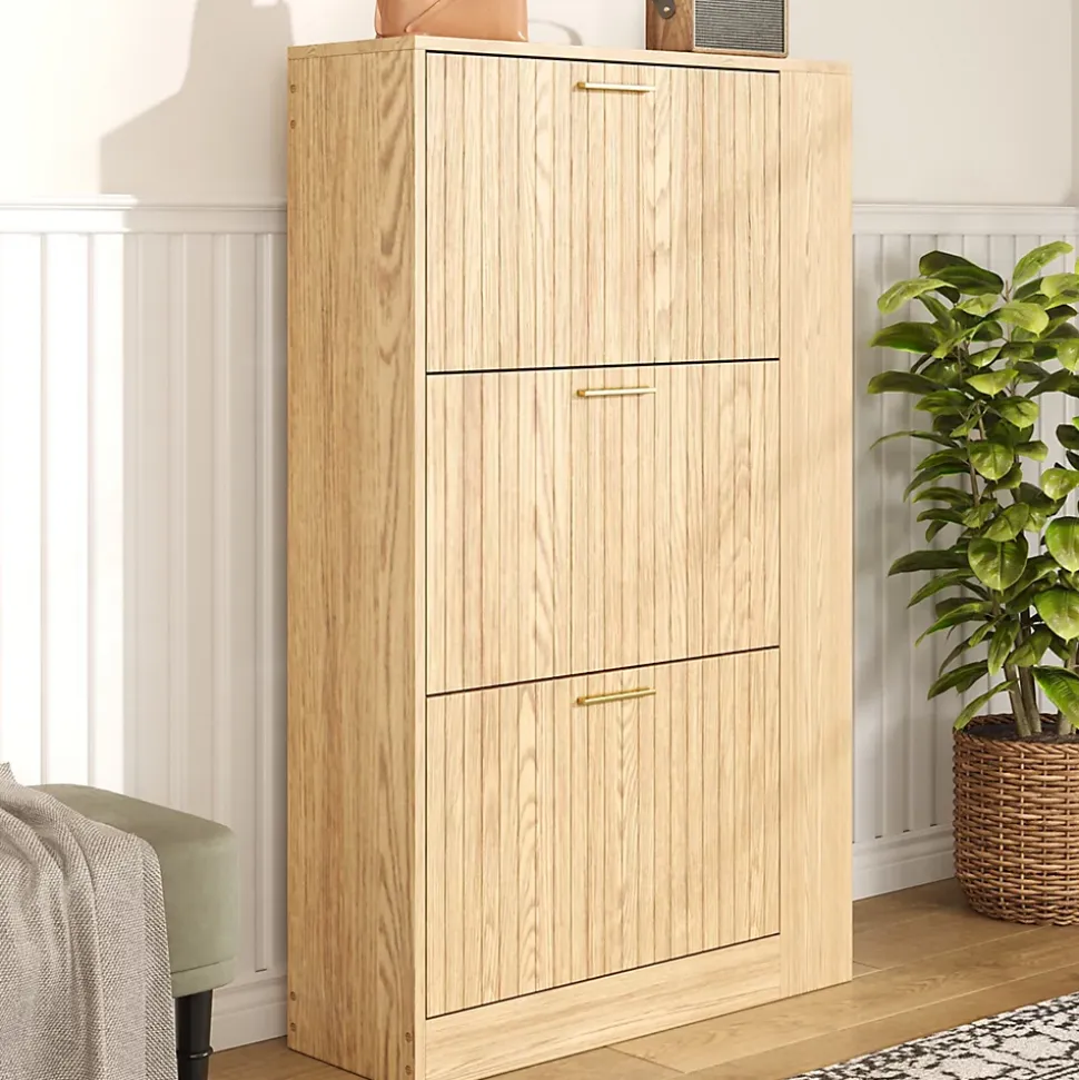 Meuble à Chaussures 3 Portes avec Niche Ouverte, Meuble d'Entrée Design Moderne en MDF - 70x23,5x115 cm - Bois Naturel
