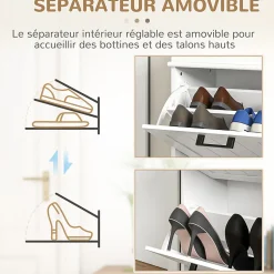 Meuble à chaussures 2 portes abattants 2 étagères poignées métal noir MDF blanc