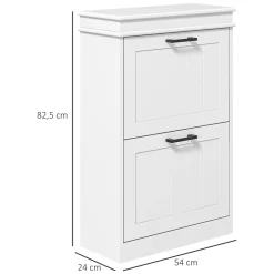 Meuble à chaussures 2 portes abattants 2 étagères poignées métal noir MDF blanc