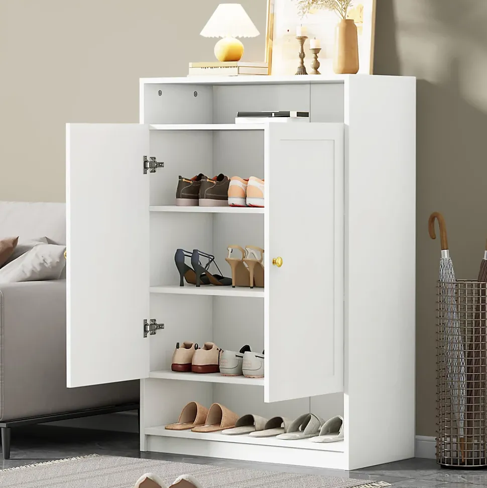 Meuble à Chaussures 2 Portes avec Étagères Réglables, Poignées Or, Armoire à Chaussures en Mélamine Métal - 73x34x109 cm, Blanc