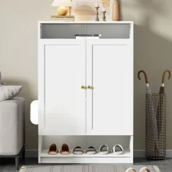Meuble à Chaussures 2 Portes avec Étagères Réglables, Poignées Or, Armoire à Chaussures en Mélamine Métal - 73x34x109 cm, Blanc