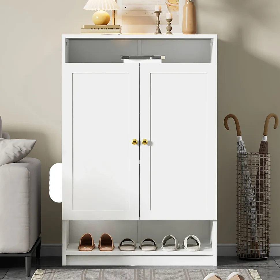 Meuble à Chaussures 2 Portes avec Étagères Réglables, Poignées Or, Armoire à Chaussures en Mélamine Métal - 73x34x109 cm, Blanc