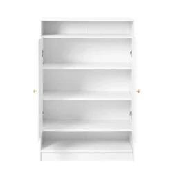 Meuble à Chaussures 2 Portes avec Étagères Réglables, Poignées Or, Armoire à Chaussures en Mélamine Métal - 73x34x109 cm, Blanc