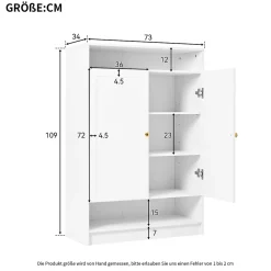 Meuble à Chaussures 2 Portes avec Étagères Réglables, Poignées Or, Armoire à Chaussures en Mélamine Métal - 73x34x109 cm, Blanc