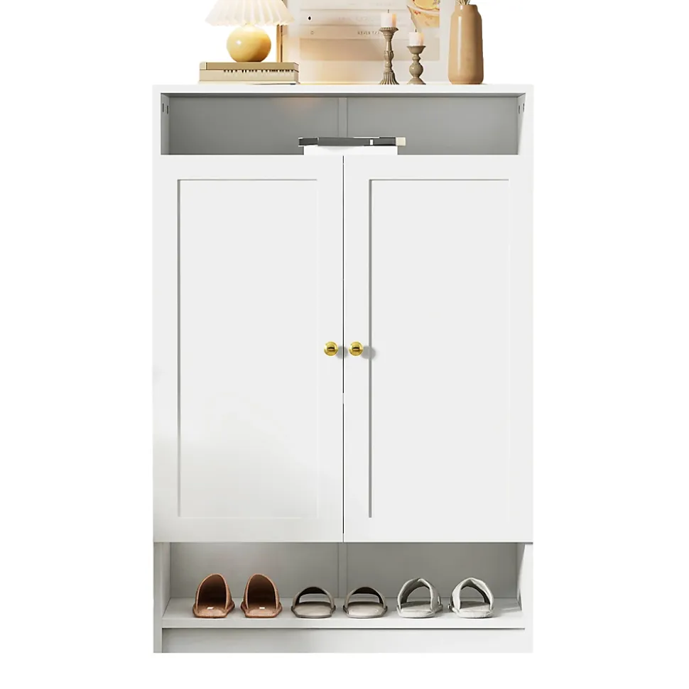 Meuble à Chaussures 2 Portes avec Étagères Réglables, Poignées Or, Armoire à Chaussures en Mélamine Métal - 73x34x109 cm, Blanc
