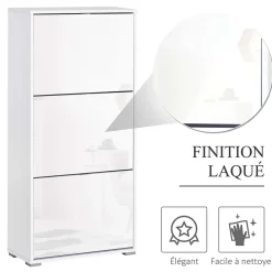 Meuble à chaussures 3 portes abattantes 3 compartiments MDF blanc laqué