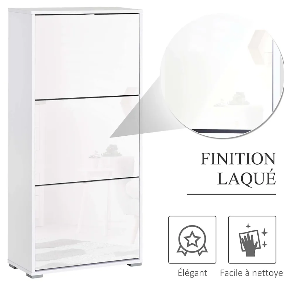 Meuble à chaussures 3 portes abattantes 3 compartiments MDF blanc laqué