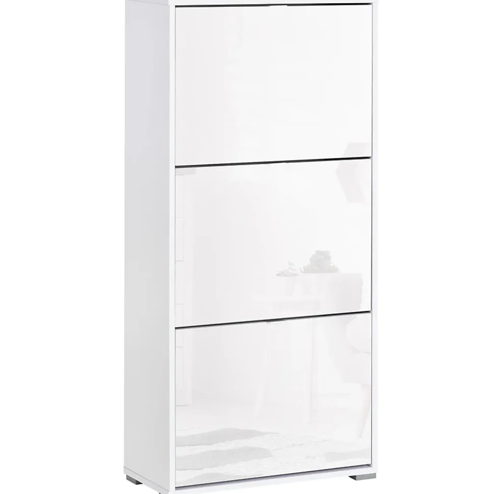 Meuble à chaussures 3 portes abattantes 3 compartiments MDF blanc laqué