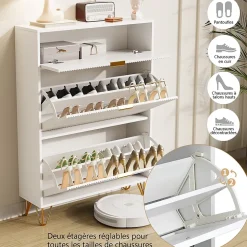 Meuble à chaussures 2 portes, design ondulé blanc, pieds hauts, espace extensible, surface imperméable et facile à nettoyer