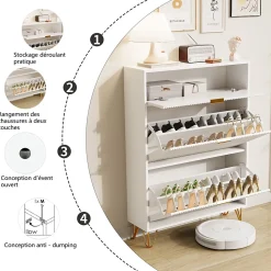 Meuble à chaussures 2 portes, design ondulé blanc, pieds hauts, espace extensible, surface imperméable et facile à nettoyer