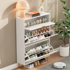 Meuble à chaussures 2 portes, design ondulé blanc, pieds hauts, espace extensible, surface imperméable et facile à nettoyer
