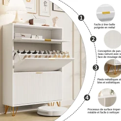 Meuble à chaussures 2 portes, design ondulé blanc, pieds hauts, espace extensible, surface imperméable et facile à nettoyer