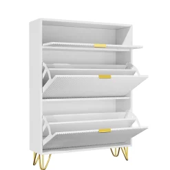 Meuble à chaussures 2 portes, design ondulé blanc, pieds hauts, espace extensible, surface imperméable et facile à nettoyer