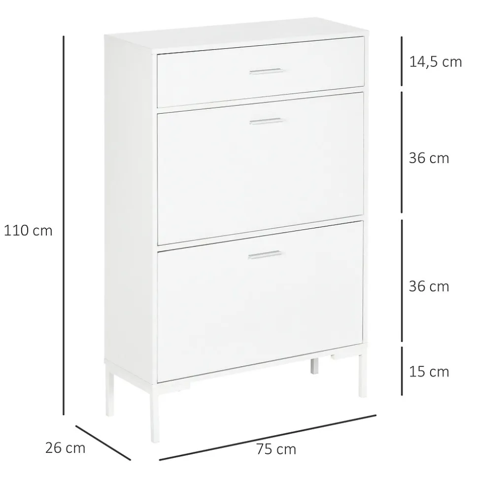 Meuble à chaussures 2 portes étagères réglables tiroir style moderne dim. 75 x 26 x 110 cm blanc