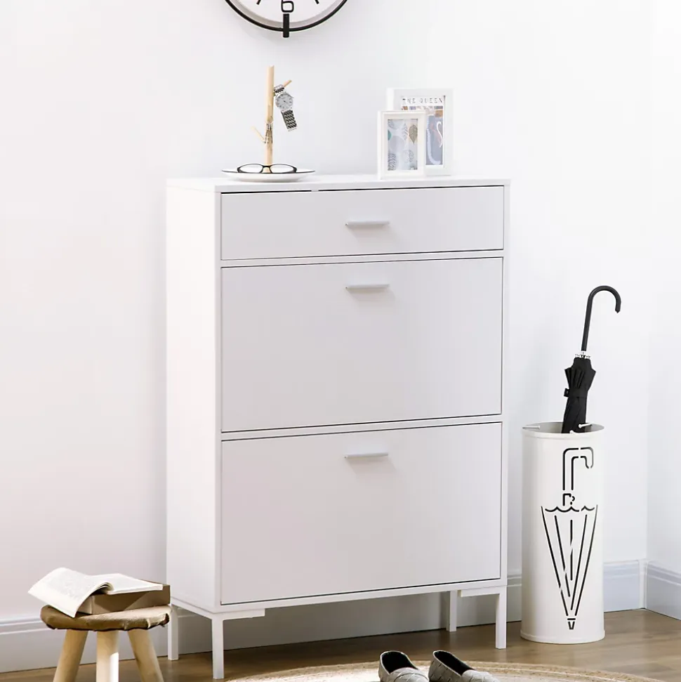 Meuble à chaussures 2 portes étagères réglables tiroir style moderne dim. 75 x 26 x 110 cm blanc