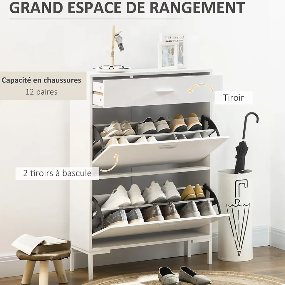 Meuble à chaussures 2 portes étagères réglables tiroir style moderne dim. 75 x 26 x 110 cm blanc