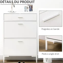 Meuble à chaussures 2 portes étagères réglables tiroir style moderne dim. 75 x 26 x 110 cm blanc