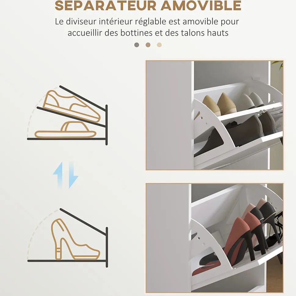 Meuble à chaussures 3 portes abattants 3 étagères poignées métal noir MDF blanc