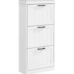 Meuble à chaussures 3 portes abattants 3 étagères poignées métal noir MDF blanc