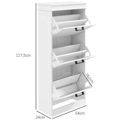 Meuble à chaussures 3 portes abattants 3 étagères poignées métal noir MDF blanc