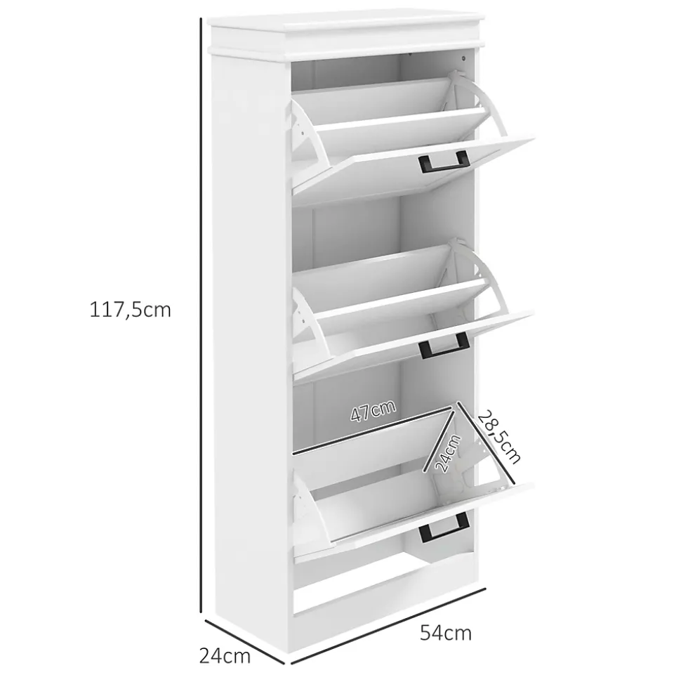Meuble à chaussures 3 portes abattants 3 étagères poignées métal noir MDF blanc
