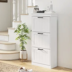 Meuble à chaussures 3 portes abattants 3 étagères poignées métal noir MDF blanc