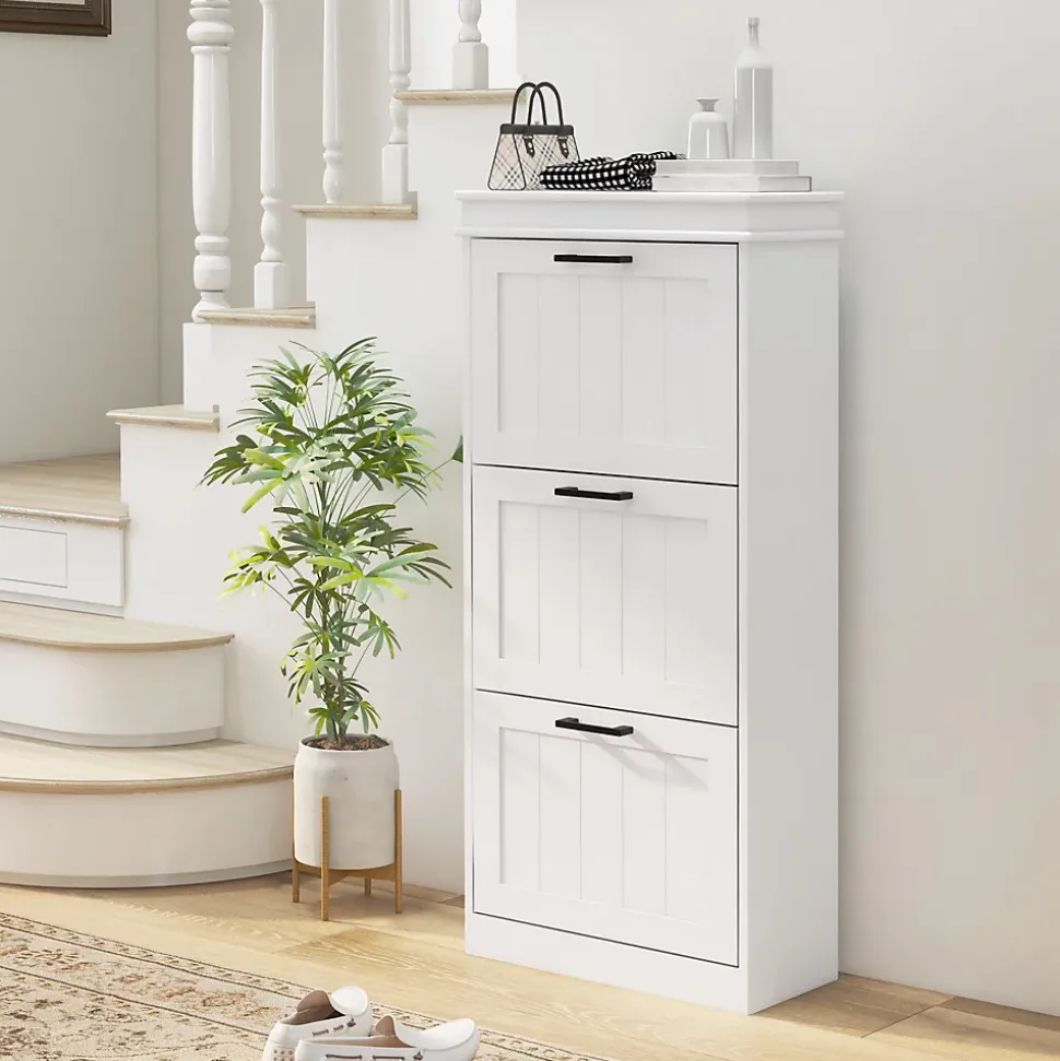 Meuble à chaussures 3 portes abattants 3 étagères poignées métal noir MDF blanc