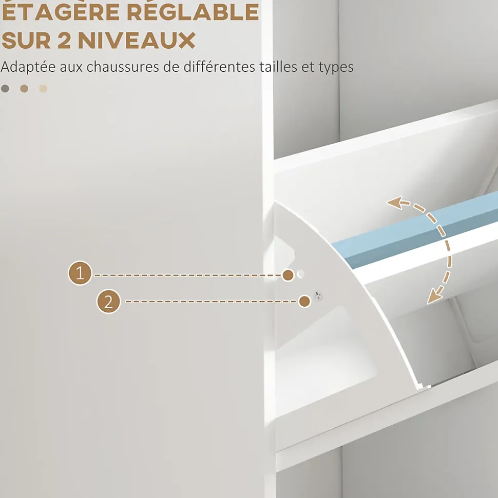 Meuble à chaussures 3 portes abattants 3 étagères poignées métal noir MDF blanc