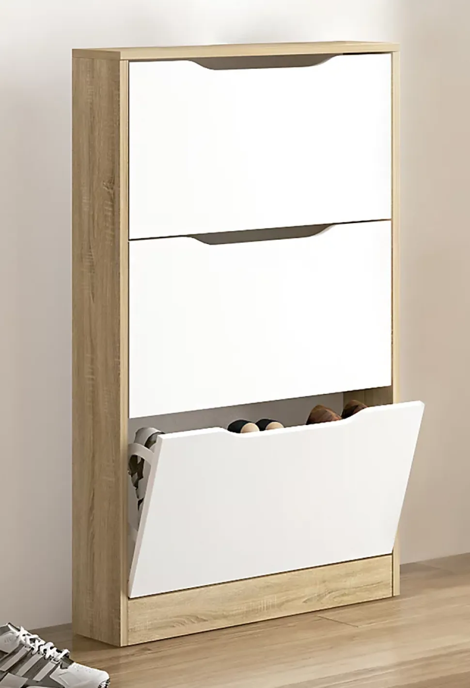 Meuble à chaussures 3 portes coloris Chêne cambrian/blanc - Longueur 60 x profondeur 17 x hauteur 108,1 cm