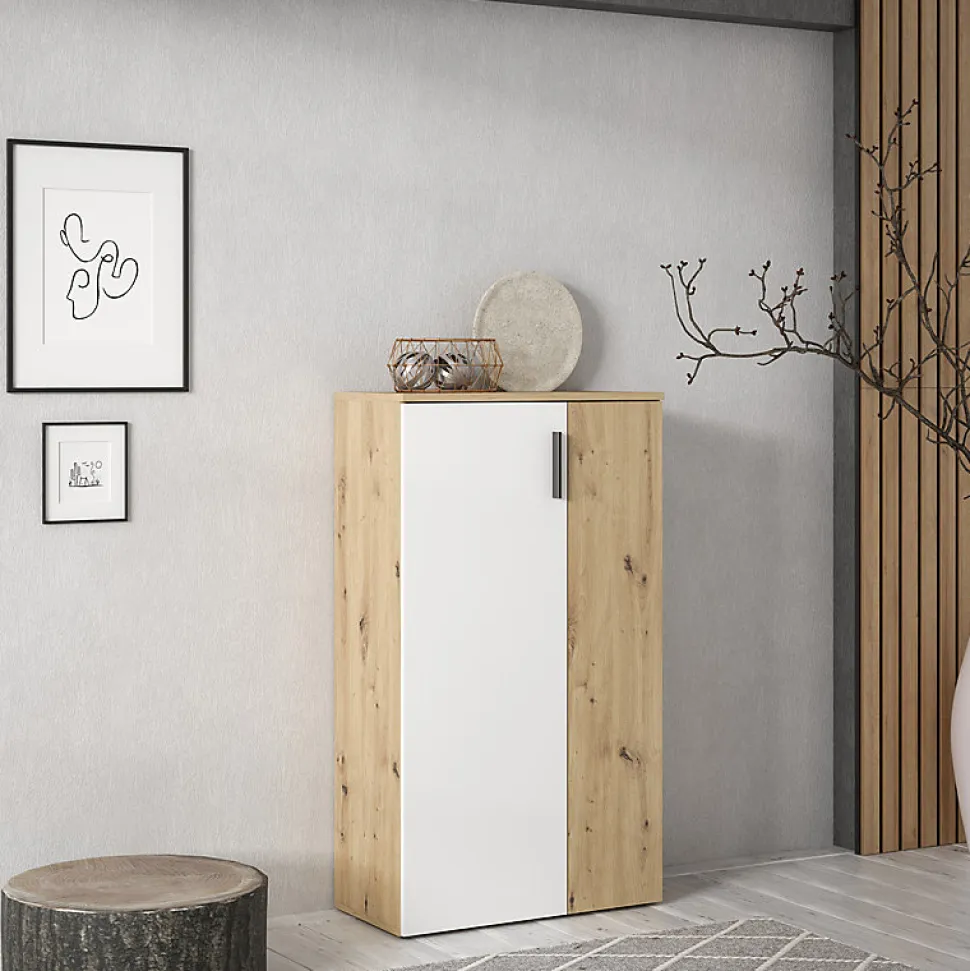 Meuble à Chaussures 2 portes décor bois de chêne et blanc mat - AMELIE