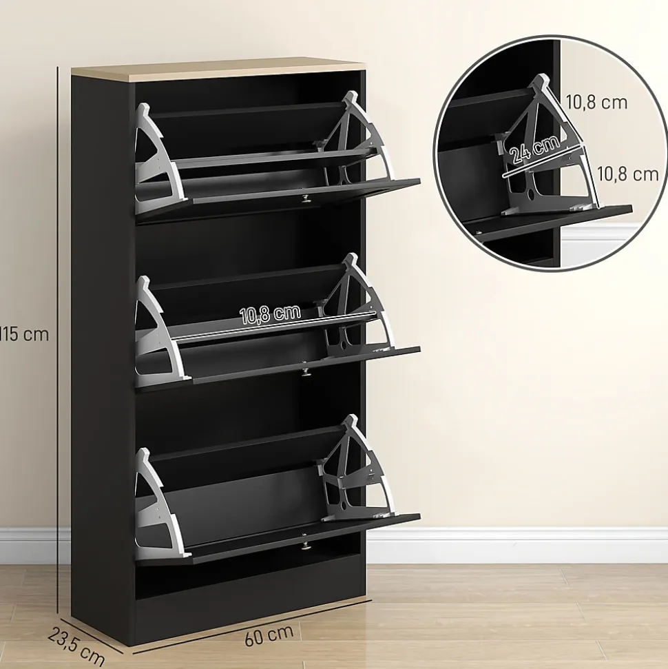 Meuble à chaussures 3 portes battantes style classique chic noir effet bois clair