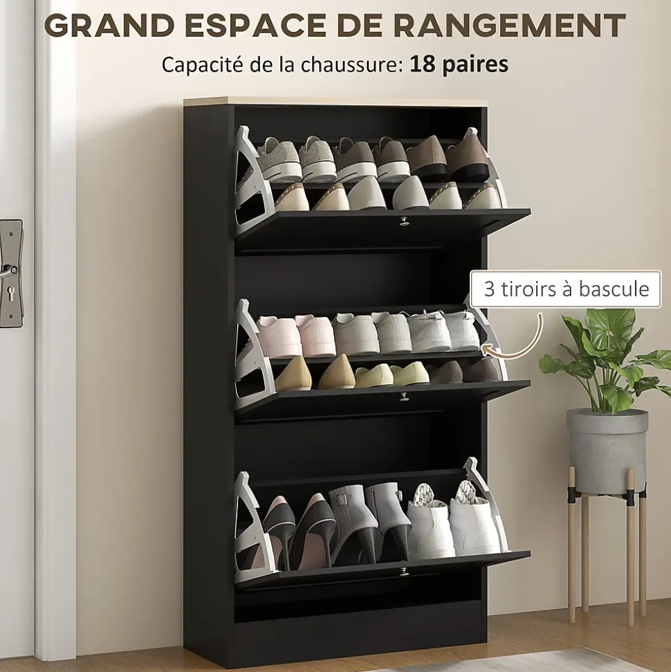 Meuble à chaussures 3 portes battantes style classique chic noir effet bois clair