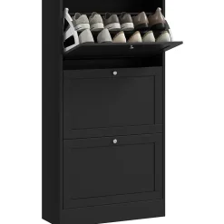 Meuble à chaussures 3 portes battantes style classique chic noir effet bois clair