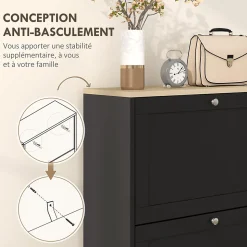 Meuble à chaussures 3 portes battantes style classique chic noir effet bois clair