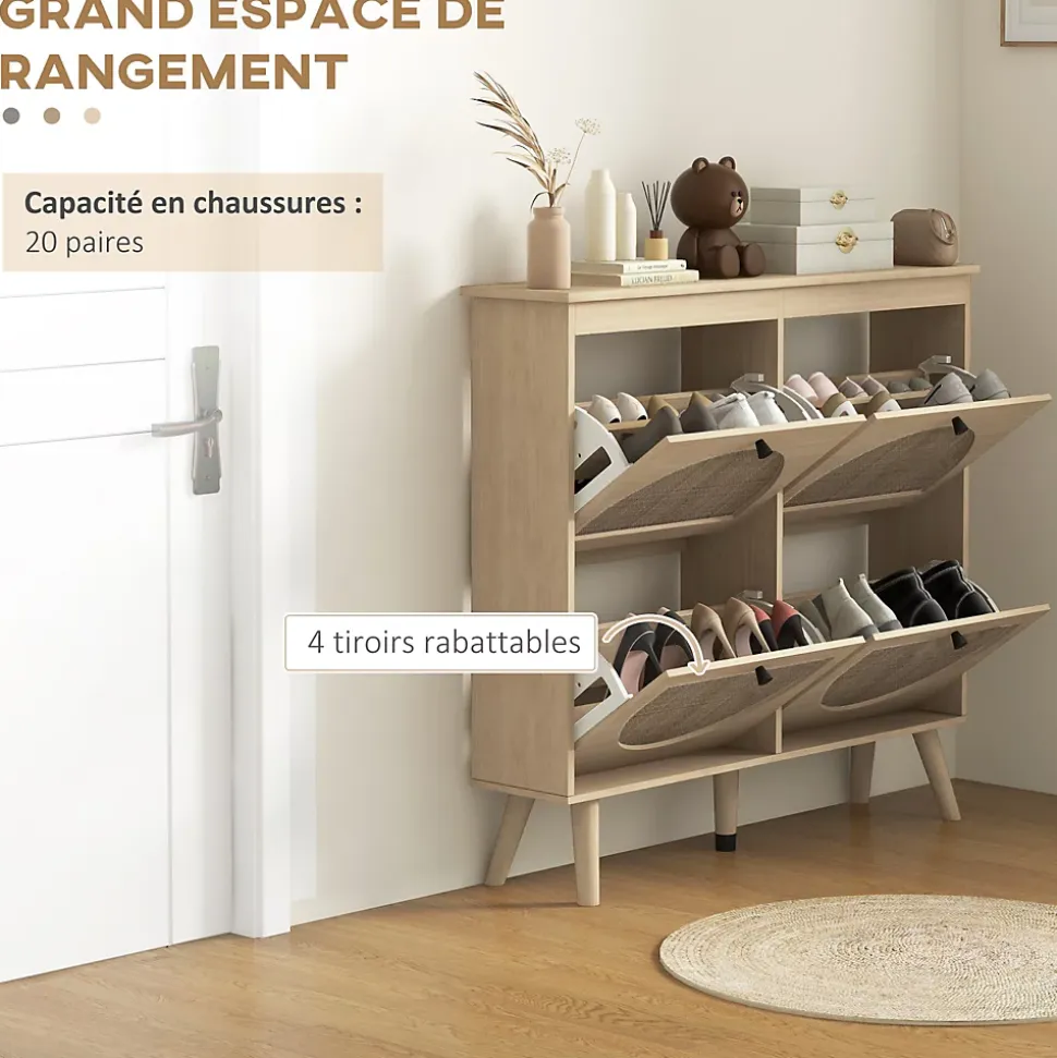 Meuble à chaussures 4 portes abattantes style bohème - façades motif semi-circulaire rotin - pieds bois aspect chêne clair