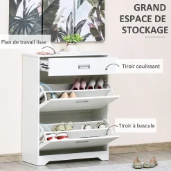 Meuble à chaussures 2 tiroirs rabattables 2 étagères tiroir blanc
