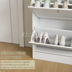Meuble à chaussures 2 tiroirs rabattables blanc effet bois chêne clair