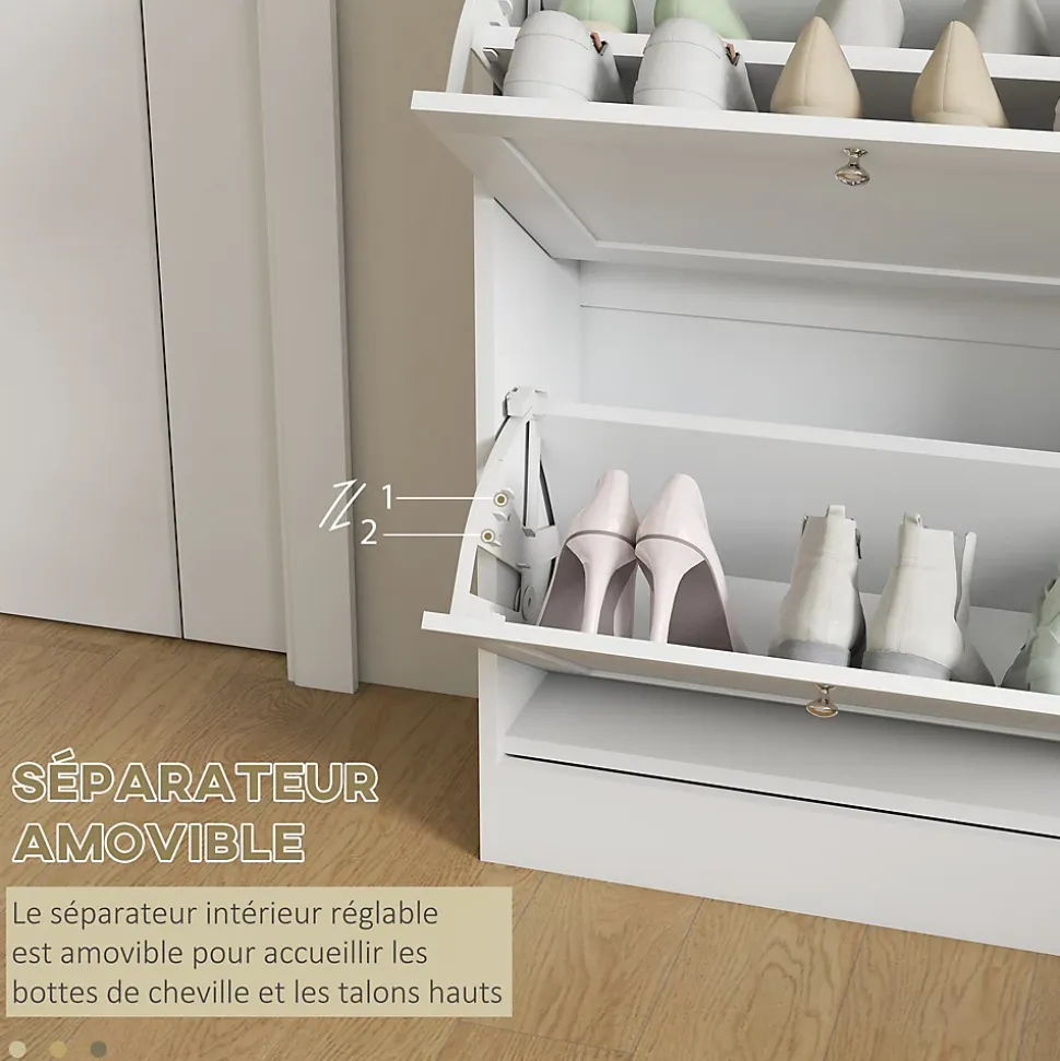 Meuble à chaussures 2 tiroirs rabattables blanc effet bois chêne clair