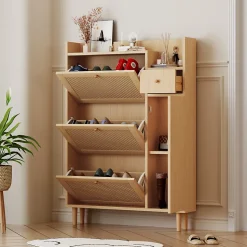 Meuble à Chaussures - Étroit 3 Abattants Avec Tiroir Intégré, Rotin et Bois Massif, Pieds Solides, Naturel, 90x17x125 Cm