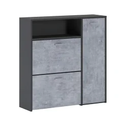 Meuble à chaussures Aldaya, Etagere à chaussures peu encombrante, Meuble avec 3 portes pliantes, 92x27h94 cm, Anthracite, Ciment