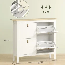 Meuble à chaussures armoire à chaussures 4 portes 4 étagères amovibles réglables dim. 105 x 24 x 95,5 cm blanc effet bois clair